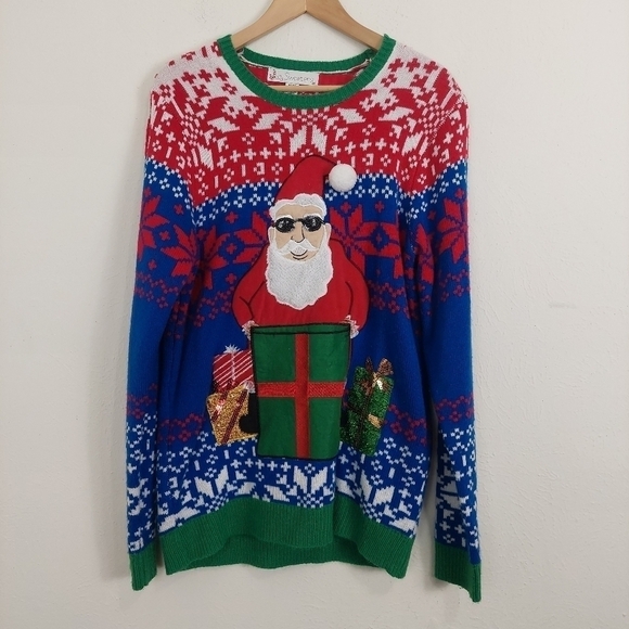 JOLLY SWEATERS Men's Ugly Christmas Sweater Size M Santa Pouch Pocket for‎ Drink - Picture 2 of 8